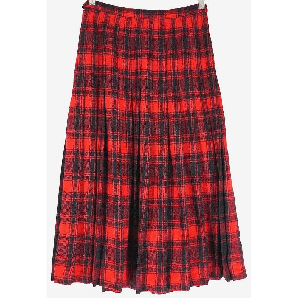 Vtg Pendleton Plaid Pleated Midi‎ Skirt Women Size 12 Red Black Wool Turnabout - Picture 8 of 8